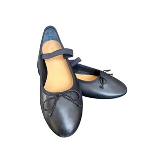 Quince Black Leather Ballet Flats Mary Jane Strap Minimalist Womens Bow Size  7